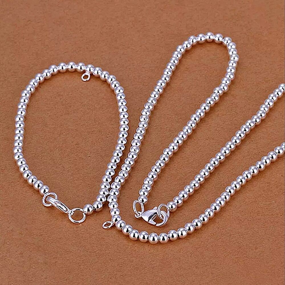 Beaded Ball Sterling Silver Necklace Matching Bracelet Set 4mm